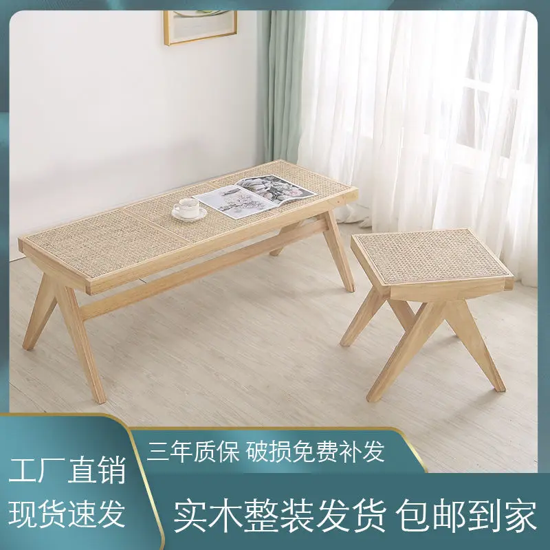 Real rattan wood stool bedroom bench  can sit Nordic vintage do old solid wood chair for changing shoes chair furniture