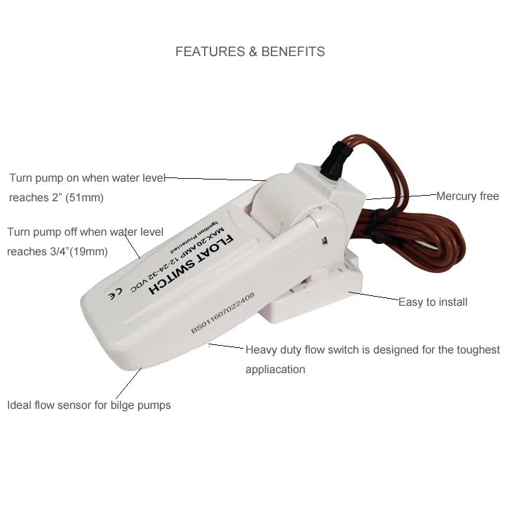 12V 24V DC 20.0A Boat Marine Bilge Pump Water Level Control Float Switch