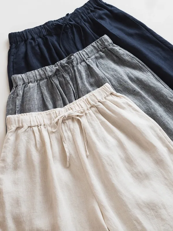 Pantaloni casual versatili a vita alta a gamba larga da donna Estate 2025 Lino giapponese Sle Pantaloni semplici da sette piedi larghi