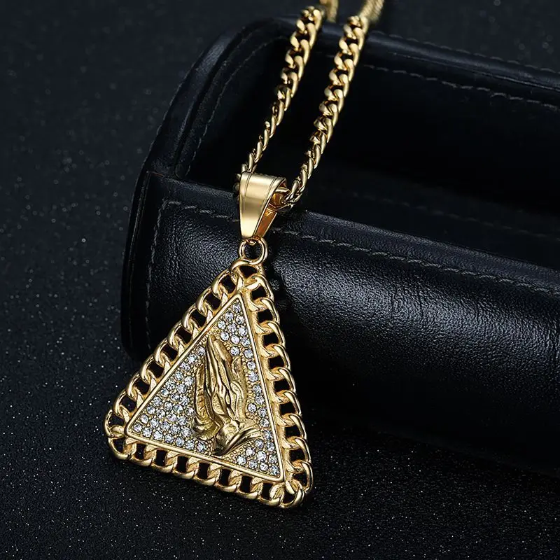 Hip Hop Bling Iced Out Gold Color Stainless Steel The Praying Hand Triangle Pendants Necklace for Men Rapper Jewelry