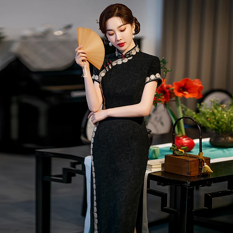 

Элегантное черное длинное платье в шанхайском стиле, ретро, для повседневной носки, женственное, из полиэстера, с коротким рукавом, с подвернутым краем