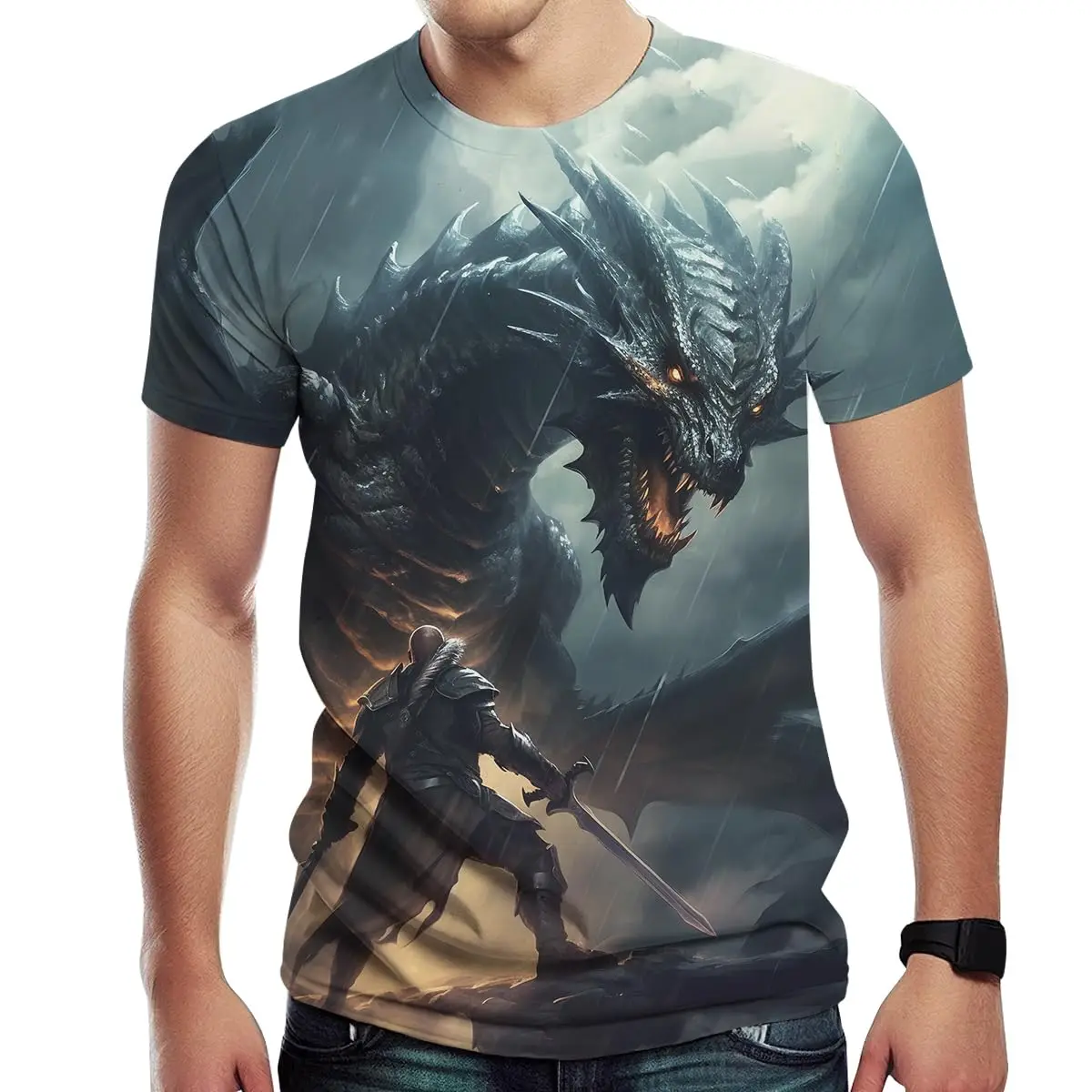 

2025 Summer Plus Size Men's T-Shirt Dragon Slayer Men's Animal Shirt Vintage Dragon 3D Printed Pattern Leisure Short Sleeve Top