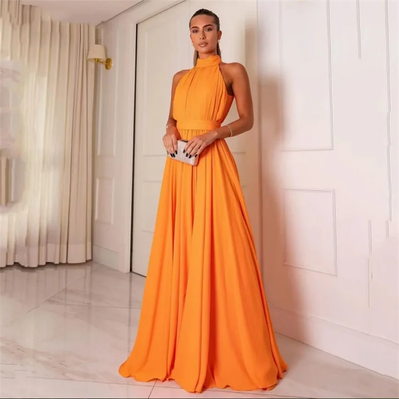 

2025 Customized Orang Chiffon Prom Dresses Hight Neck Sleeveless Elegant Long Evening Party Gowns Slit Women A Line Dress
