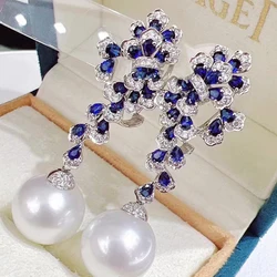 MeiBaPJ 10-11mm Natural White Rice Pearls Blue Stones Bow Drop Earrings 925 Silver Empty Tray Fine Wedding Jewelry for Women