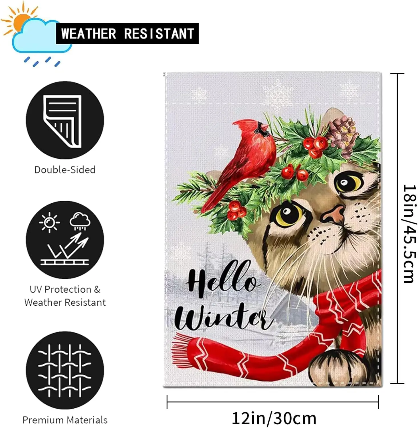 Hello Winter Cardinal Garden Flags,12x18 Double Sided Snow Cat and Bird Christmas Garden Flag for Outdoor Yard Decoration