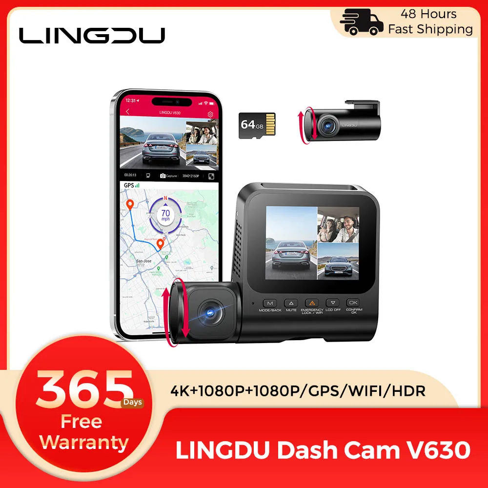 Cámara para Auto LINGDU Dash Cam V630 4K+1080P+1080P, DVR de 3 Canales, WiFi, GPS, Visión Nocturna IR, Monitor de Estacionamiento 24H, Grabación en Bucle, HDR