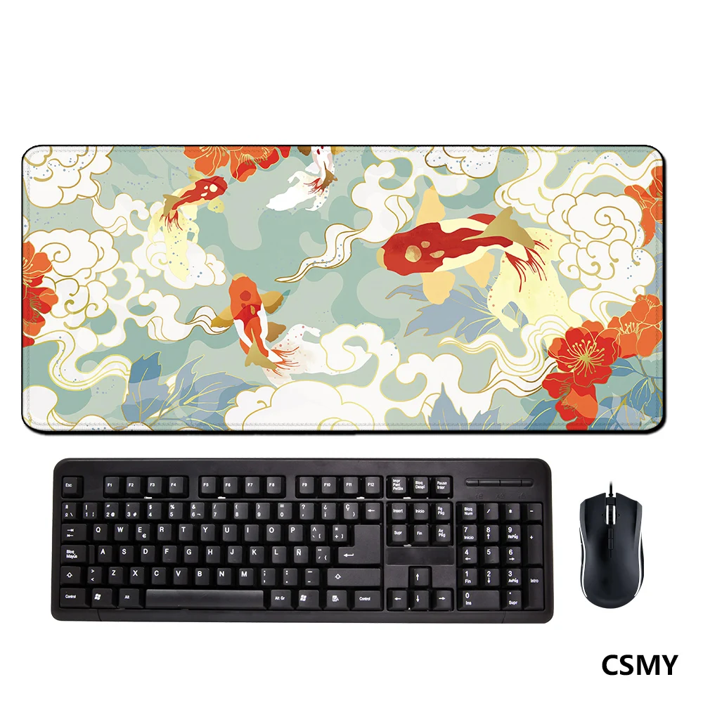 Large Mouse Pad Japanese Mousepad Koi Desk mat Minimal Japan Mousepad Gold Blue Anime Aesthetics XXL Gaming Deskmat