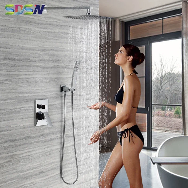 Bathroom Shower Set SDSN Brass Bathtub Faucets Rainfall Shower Head 10 Inch Top Shower Inwall Mounted Concealed Shower Set