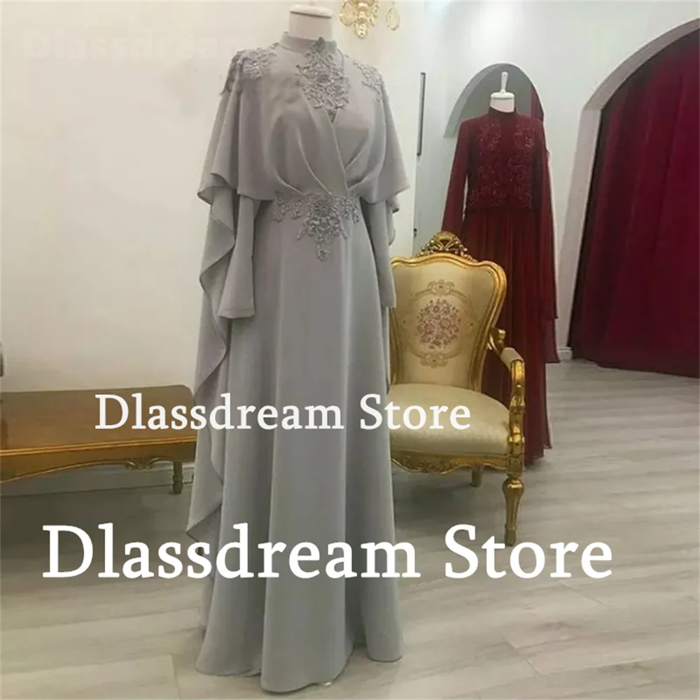 New Muslim Evening Dress High Neck Long Sleeves Lace Appliques A-Line Chiffon Arab Morocco Prom Party Dress Robes de soirée 2024