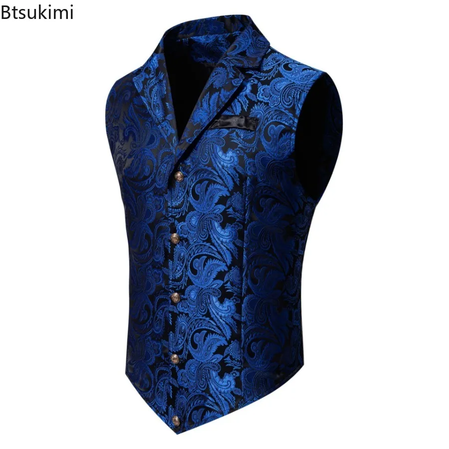 2025 Men's Retro Jacquard Suit Vest Steampunk Gothic Waistcoat Fashion Slim Casual Vest Men Stage Performance Costume Dress Vest