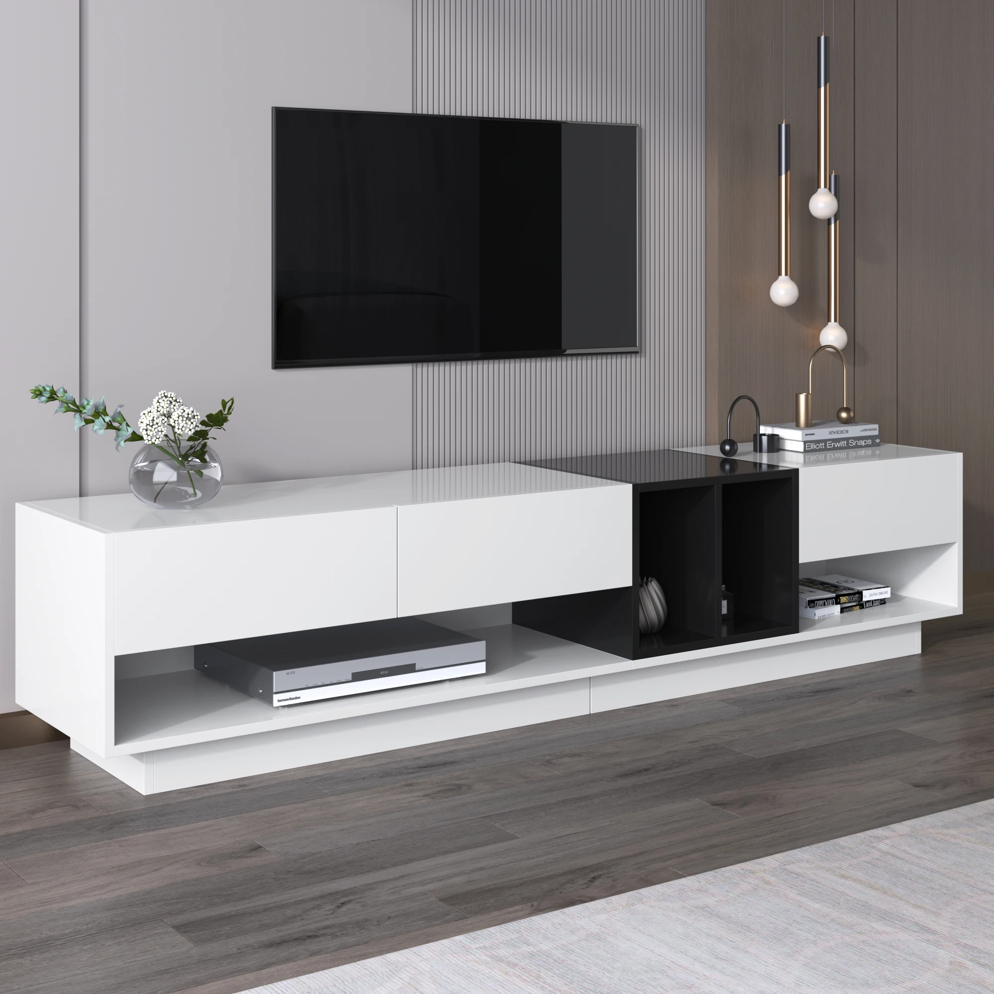 VSOGA TV Cabinet, High Gloss White And Black Combination. Color Matching Design, Drawers, Compartments, Multiple Storage Spaces.