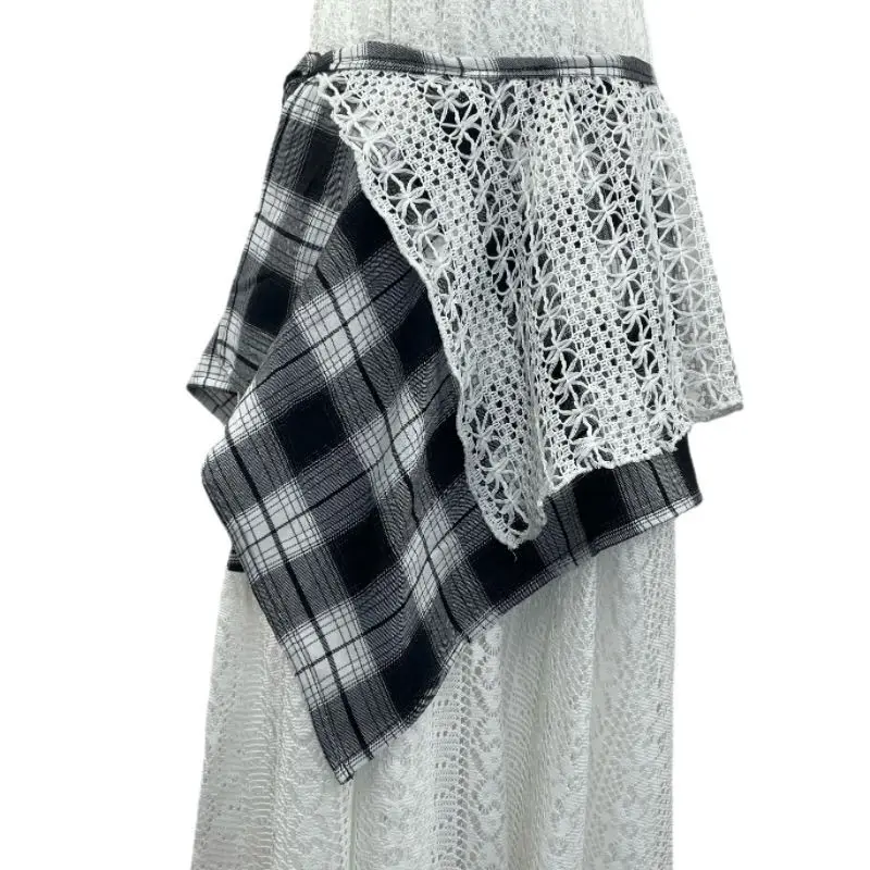 preppy-academia-crochet-lace-hem-extender-y2k-oversized-black-plaid-asymmetric-drawstring-shirt-layer-vintage-layering