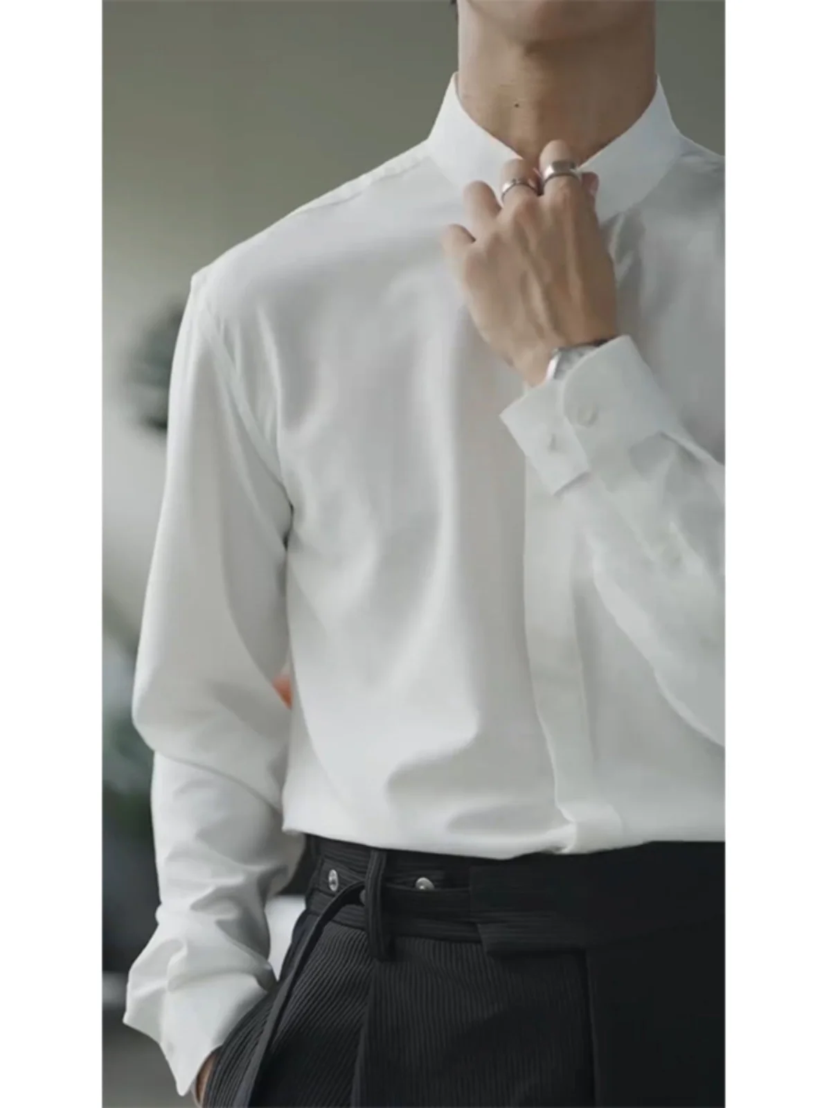 

Pure White Long Sve Men's irt Stand Collar Drapey Inner Wear Busin Casual Polyester Nylon Cosite Fiber irt