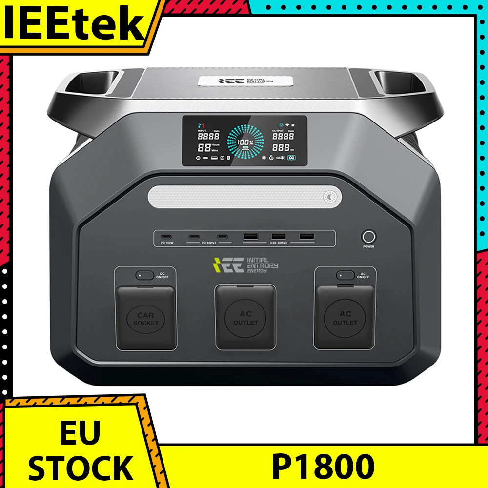 Station d'alimentation portable IEETek P1800, batterie LiFePO4 1024Wh, sortie onde sinusoïdale pure 1800W, puissance de crête 3600W, charge rapide 1200W, entrée solaire 500W, durée de vie 4000+ cycles, contrôle via application Wi-Fi et Bluetooth