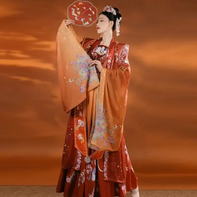 Hanfu rojo estilo tradicional falda femenina, bordado pesado, alta calidad, Falda plisada de la dinastía Song, ropa diaria de verano