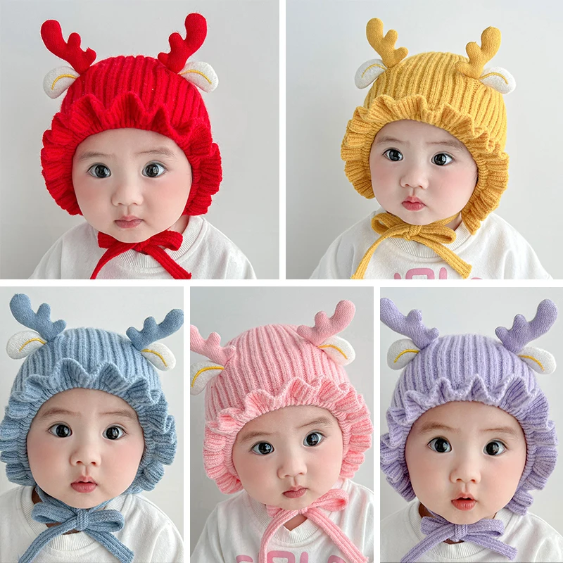 Cartoon Deer Baby Knitted Hat Winter Warm Infant Ear Protection Cap Solid Color Cute Antler Toddler Boy Girl Beanie Caps