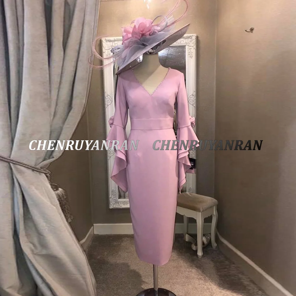 Hot Pink Mother of the Bride Dresses 2025 Tea-Length Sheath Wedding Guest Gowns V-Neck Elegant Dress Women For Wedding Party