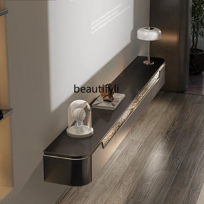 

Floating TV Cabinet Wall-Mounted Light Luxury Concealed Socket Rock Board Ultra-Thin Suspended Narrow Wall Cabinet