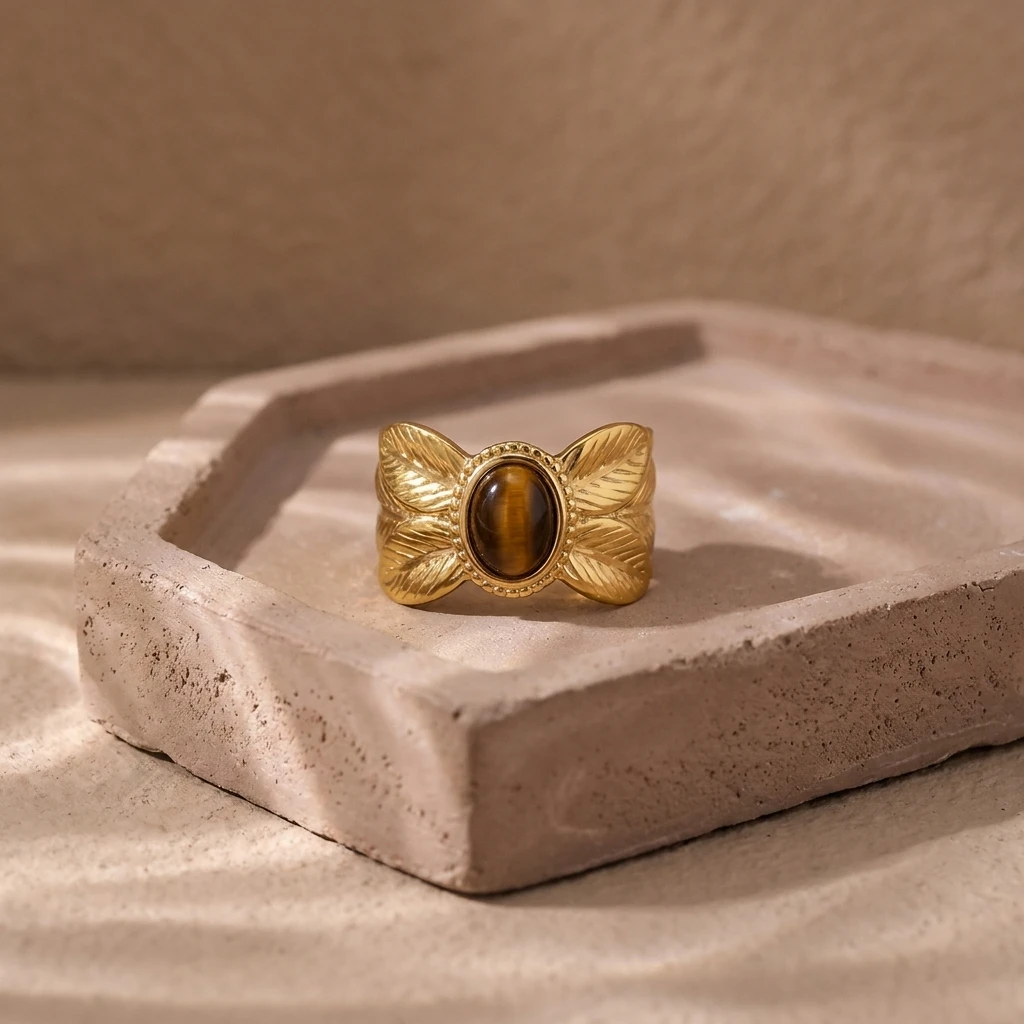 Vintage Edelstahl-Ringe mit Braunem Naturstein für Damen und Herren, Vergoldete Ovale Geometrische Stapelringe, Wasserfester Schmuck – Detail 4
