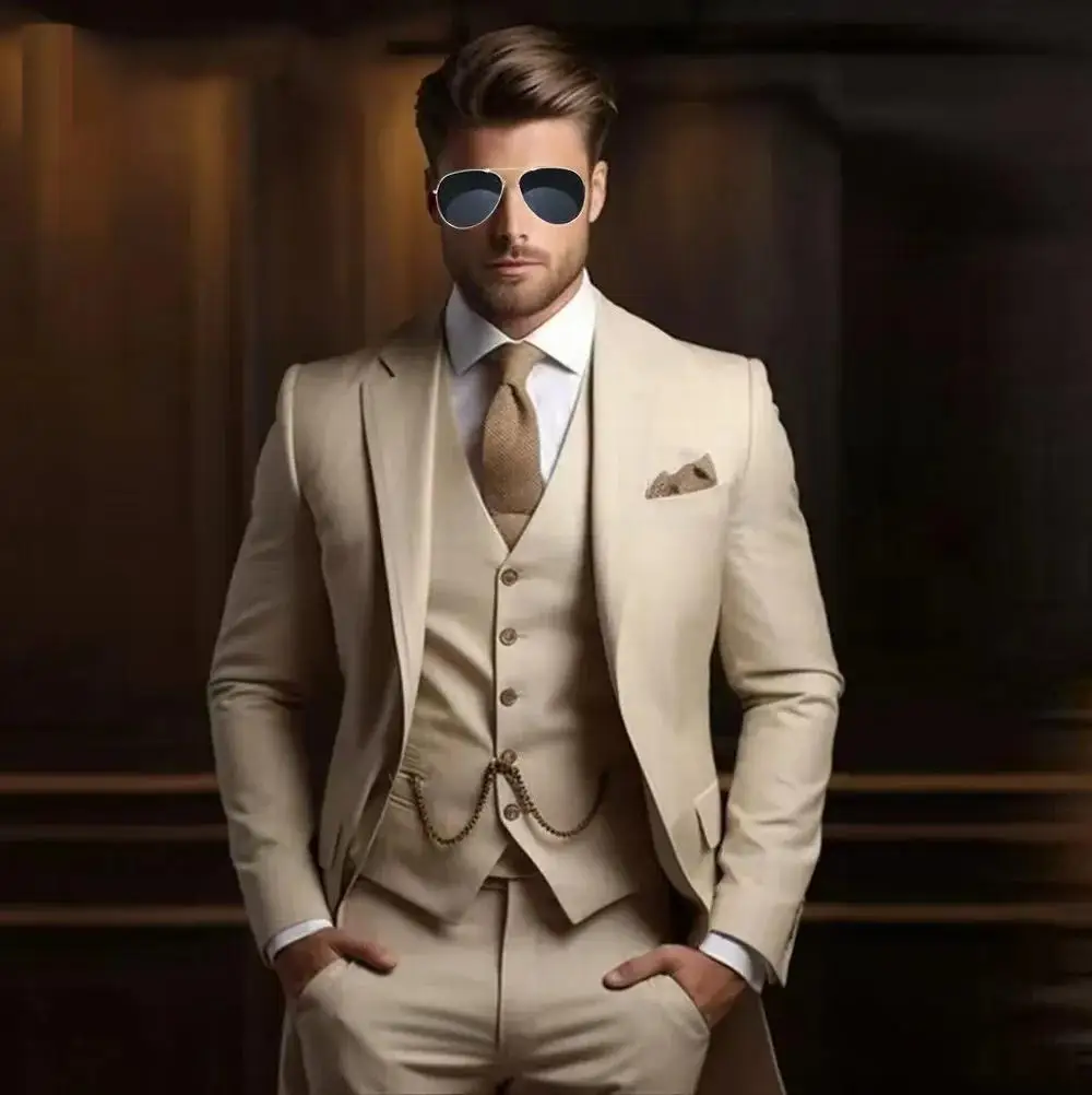 

Мужские свадебные бежевые костюмы, приталенные модные формальные смокинги для жениха, свадебной вечеринки, костюмы из трех предметов, пиджак + жилет + брюки, костюм Homme