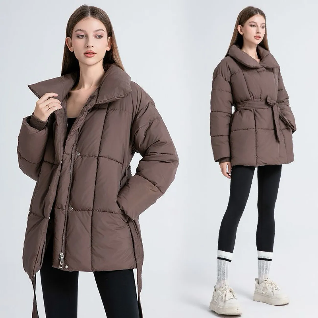 

2026 Women Winter Jackets With Belt Fashion Loose Warm Thick Turn Down Collar Parkas Coat Female Outwear Jacket Top Parkas Style