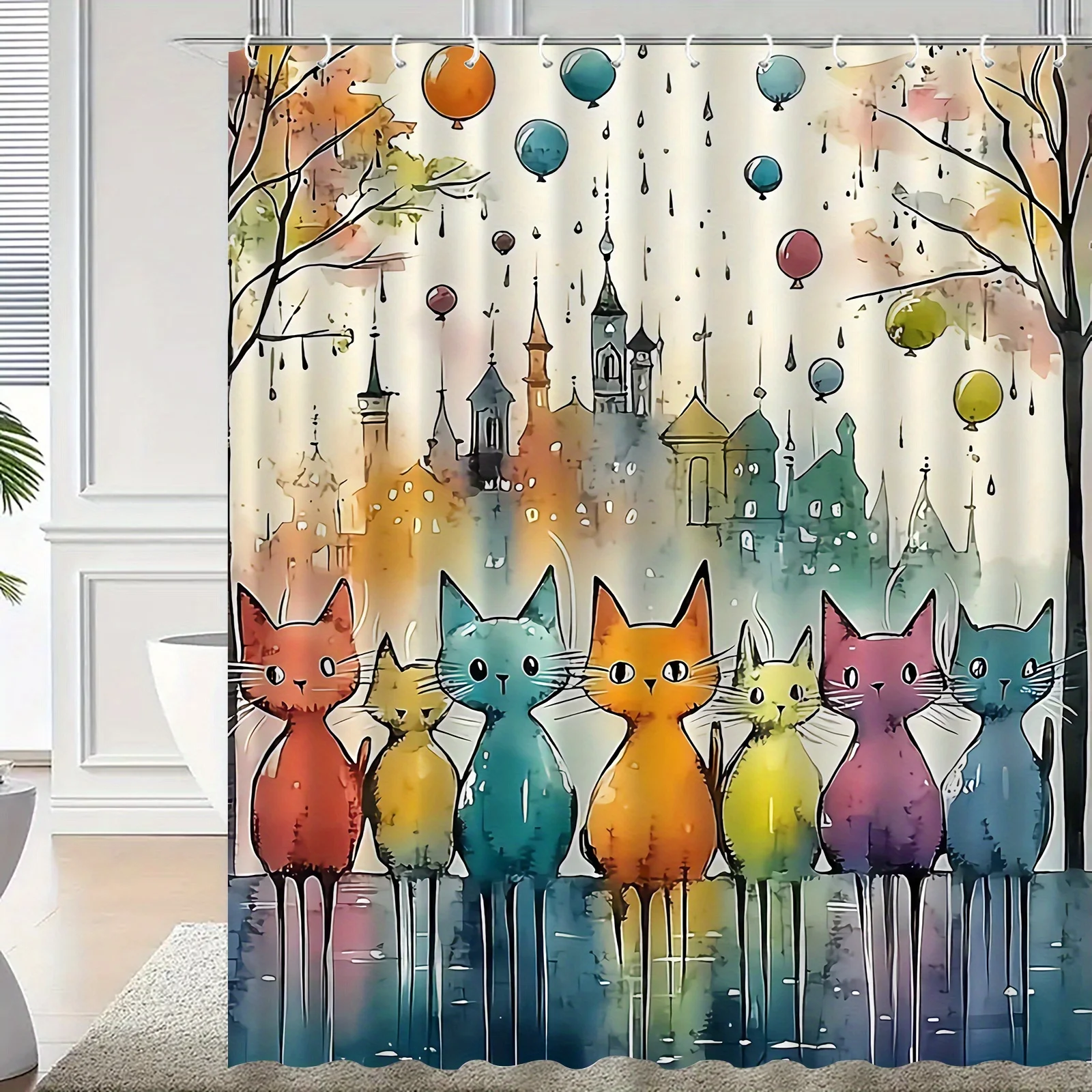 

1pc Vibrant Cat and Cityscape Shower Curtain with Colorful Feline Design - Perfect for Bathroom Decor, Bathroom Accessory