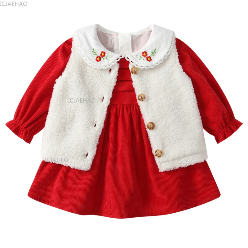 

Girls Dress Set Children Floral Embroidery Peter Pan Collar Red Dress Plush Vest 100 Days Celebration Outfits Kids Autumn Winter