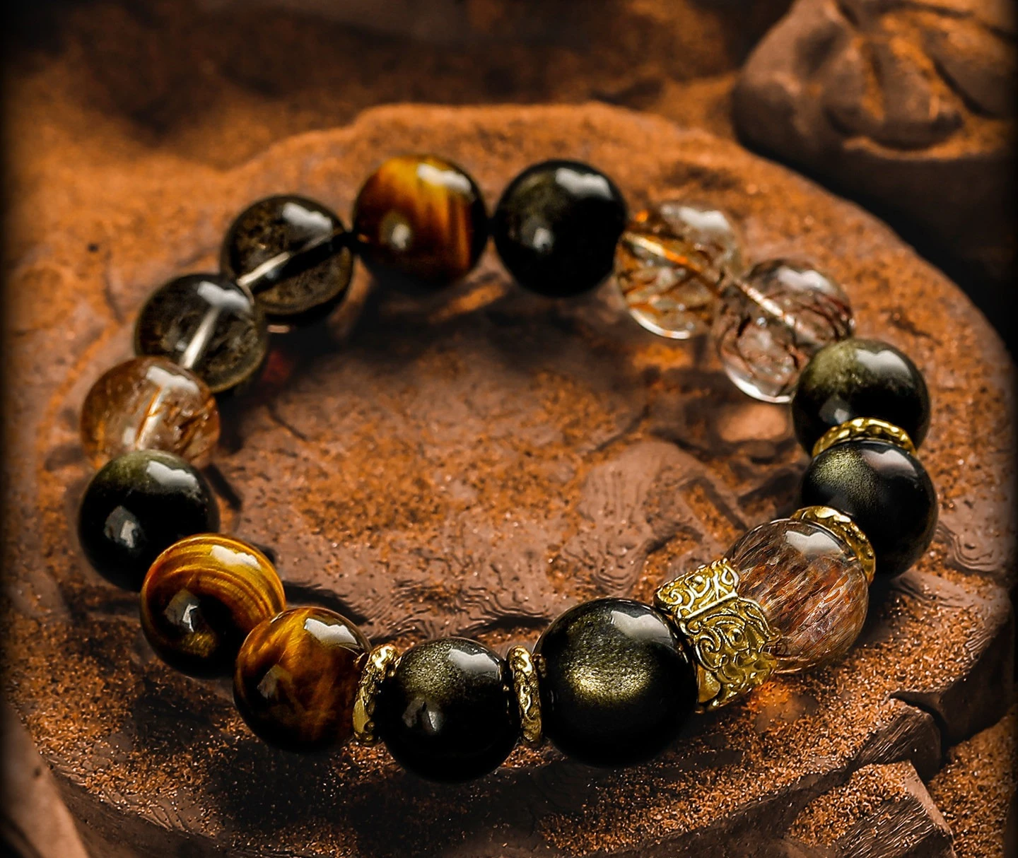 Liuguang Gold Obsidian Bracelet Men's Tiger's Eye Retro Super Seven Black Gold Crystal Bracelet Light