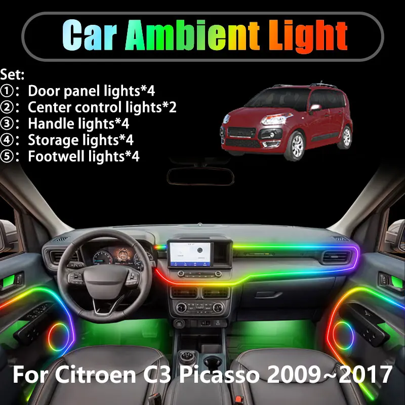 

Для Citroen C3 Picasso 2009 ~ 2017 2010 MPV 2/18 в 1, автомобильное окружающее освещение, светодиодные внутренние светодиодные фонари багажника, USB RGB Ensemble Streamer