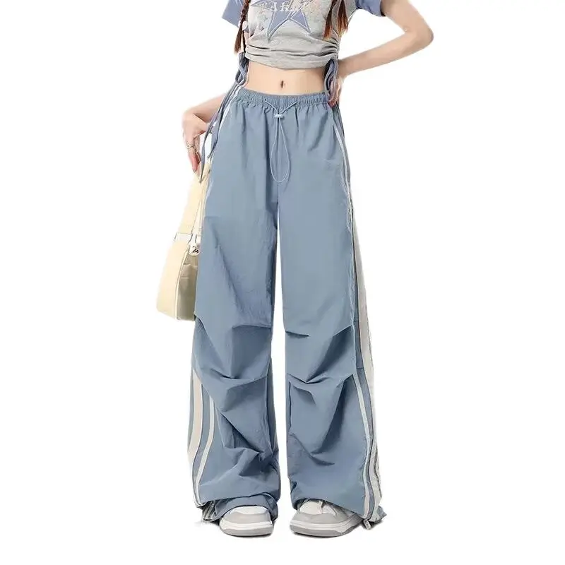 Women's Y2k Blue Baggy Striped Pants Vintage Y2k Harajuku Aesthetic Oversize Parachute Pants High Waist Trousers 2000s Clothes