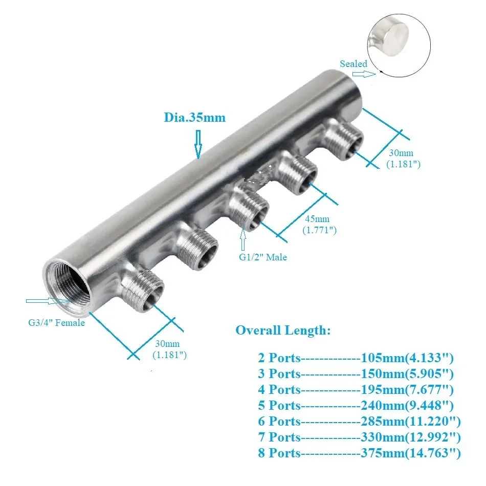 

304 Stainless Steel G3/4" G1/2" 2 - 8 Ports Water Manifold Distributor Distribution Sanitary Fitting Underfloor Heating System