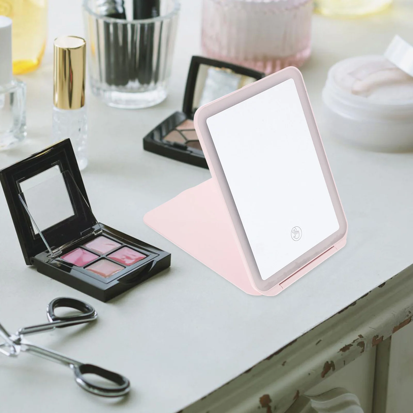 กระจกแต่งหน้าแบบตั้งโต๊ะ LED 1 ชิ้น ปรับความสว่างได้ พกพาสะดวก พับเก็บได้ สำหรับผู้หญิง กระจกแต่งหน้าขนาดใหญ่สำหรับการเดินทาง