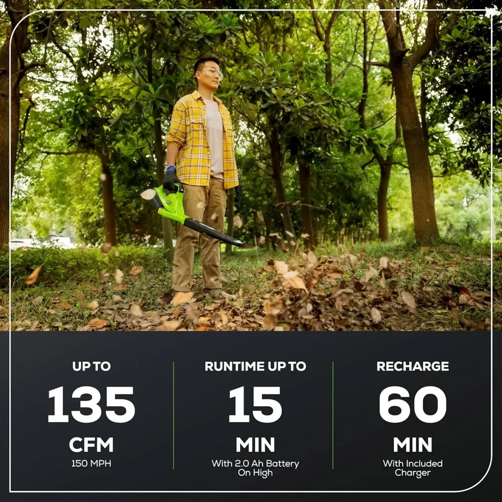 グリーンワークス 40V リーフブロワー＆スイーパー、150 MPH スピード、軽量設計、静音動作、2.0 Ah バッテリーと充電器付属