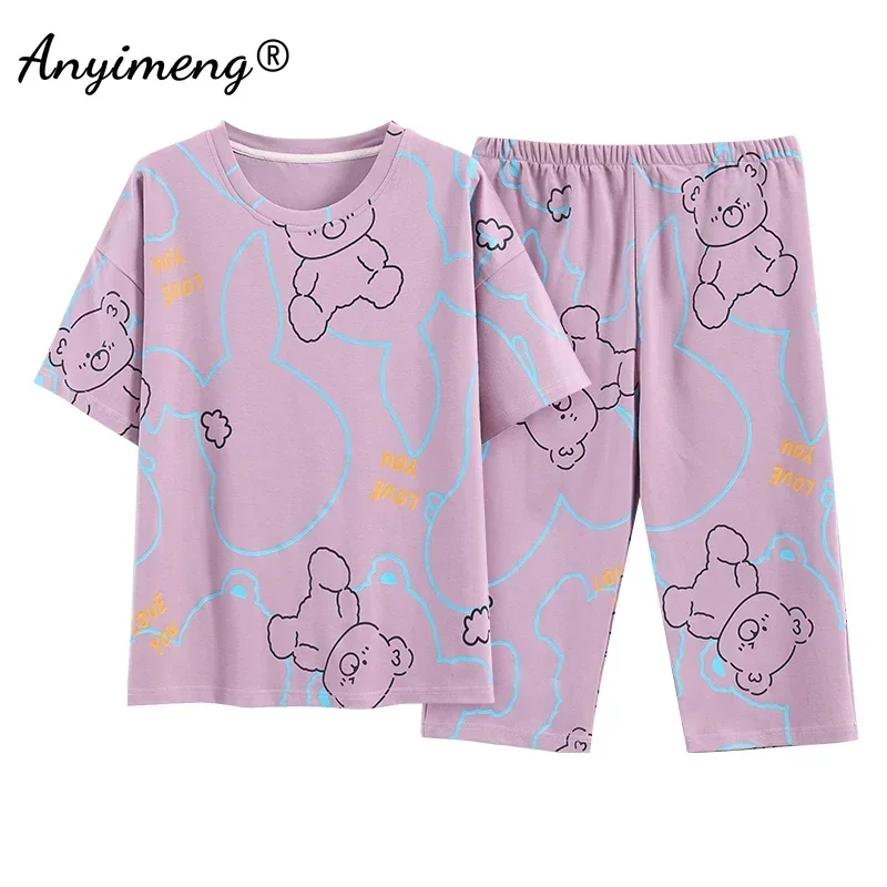 Women Capris Pajamas Set Summer Cotton Sleepwear Elegant Floral Printing Calf-length Loungewear Leisure Cropped Trousers Pyjamas