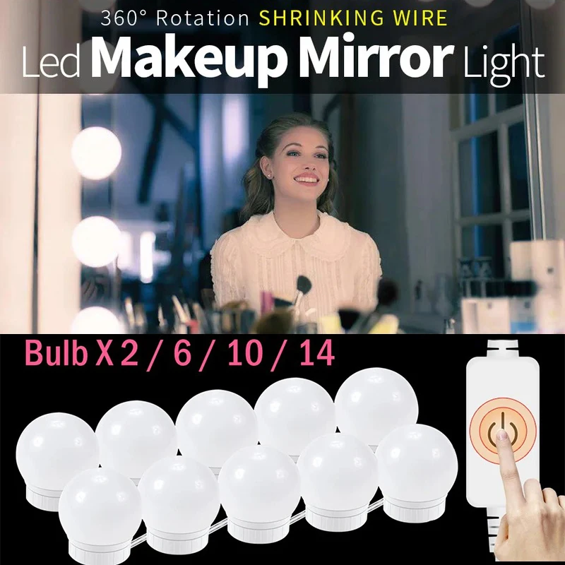 

Makeup Mirror Light 2/ 6 /10/14 LED Bulbs Hollywood Vanity Lights Stepless Dimmable Lamp for Bathroom Vanity Mirror Lighting