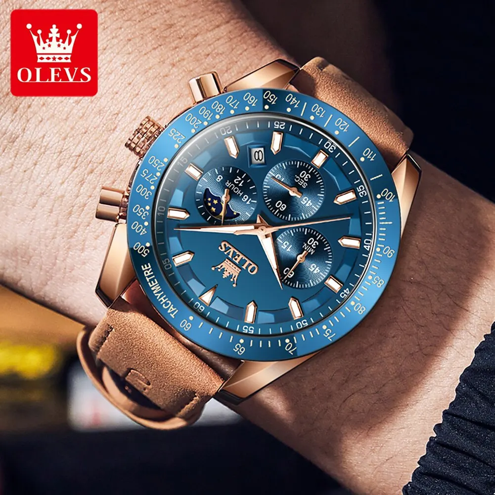 OLEVS New Original Men\'s Quartz Watch Brown Leather Strap Date Calendar Moon Phase Waterproof Luminous Quartz Watch for Men