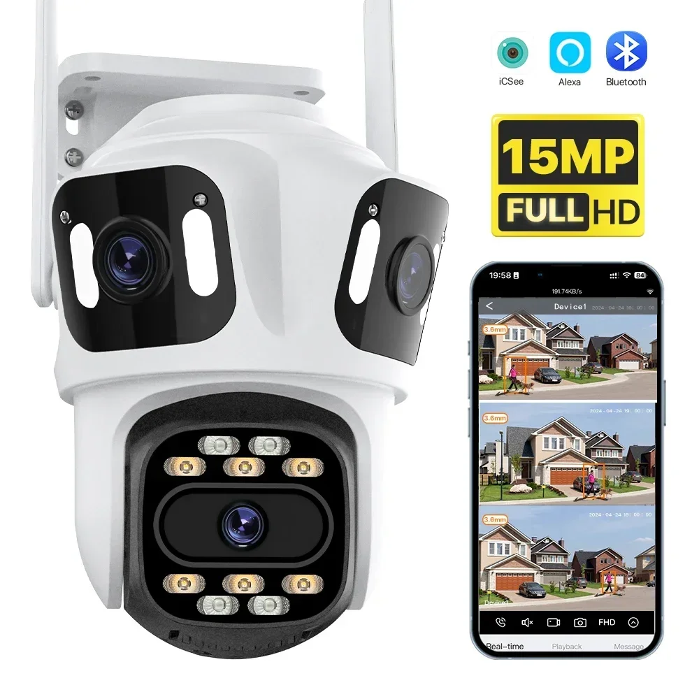 WIFI IP Camera 15MP HD Three Lens Outdoor 10MP Dual Lens Motion Detection Security Camera Waterproof Surveillance CCTV iCSee