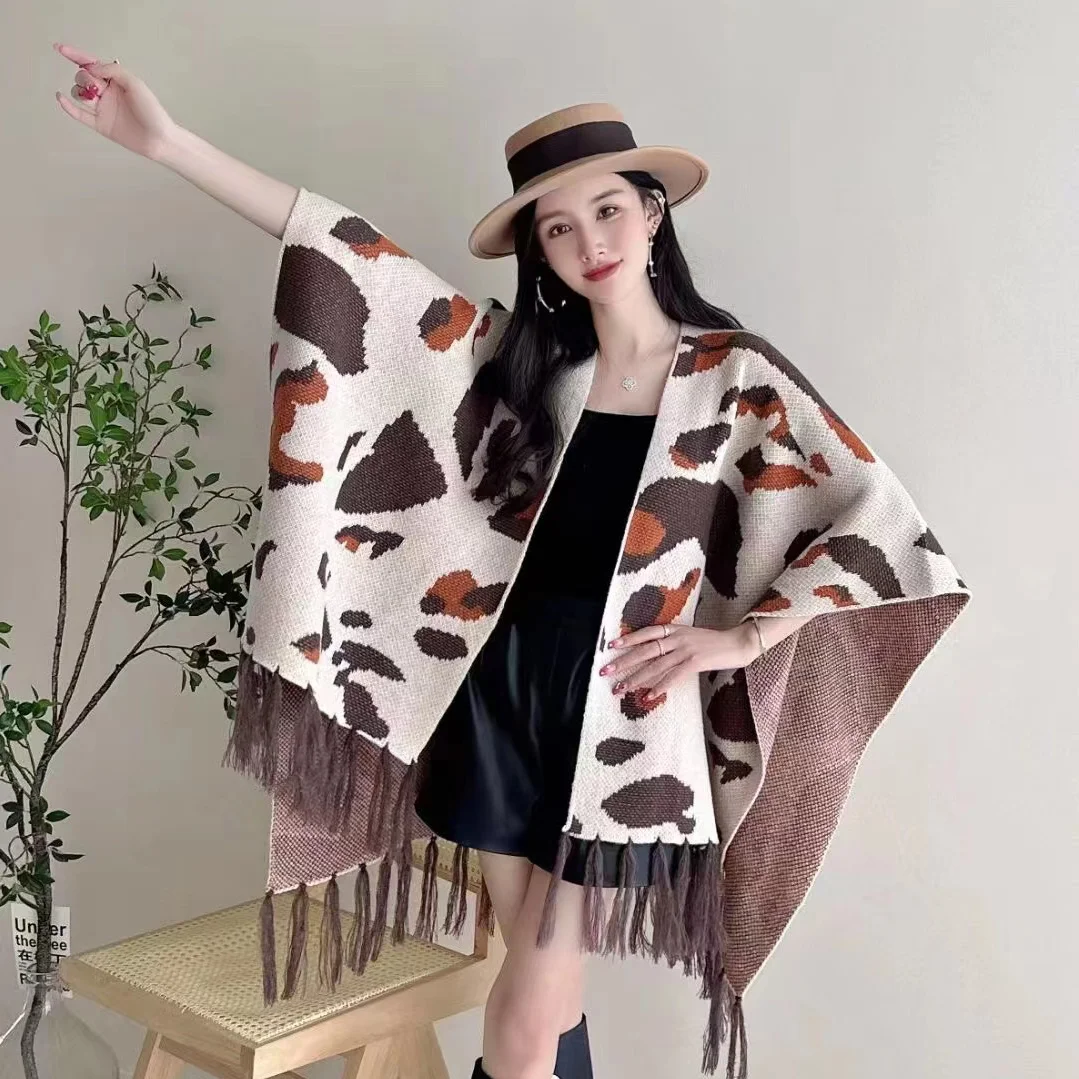 Casaco de malha leopardo para mulheres, xale extragrande, manga batwing, cardigã solto, moda poncho, casacos borla, outono, inverno