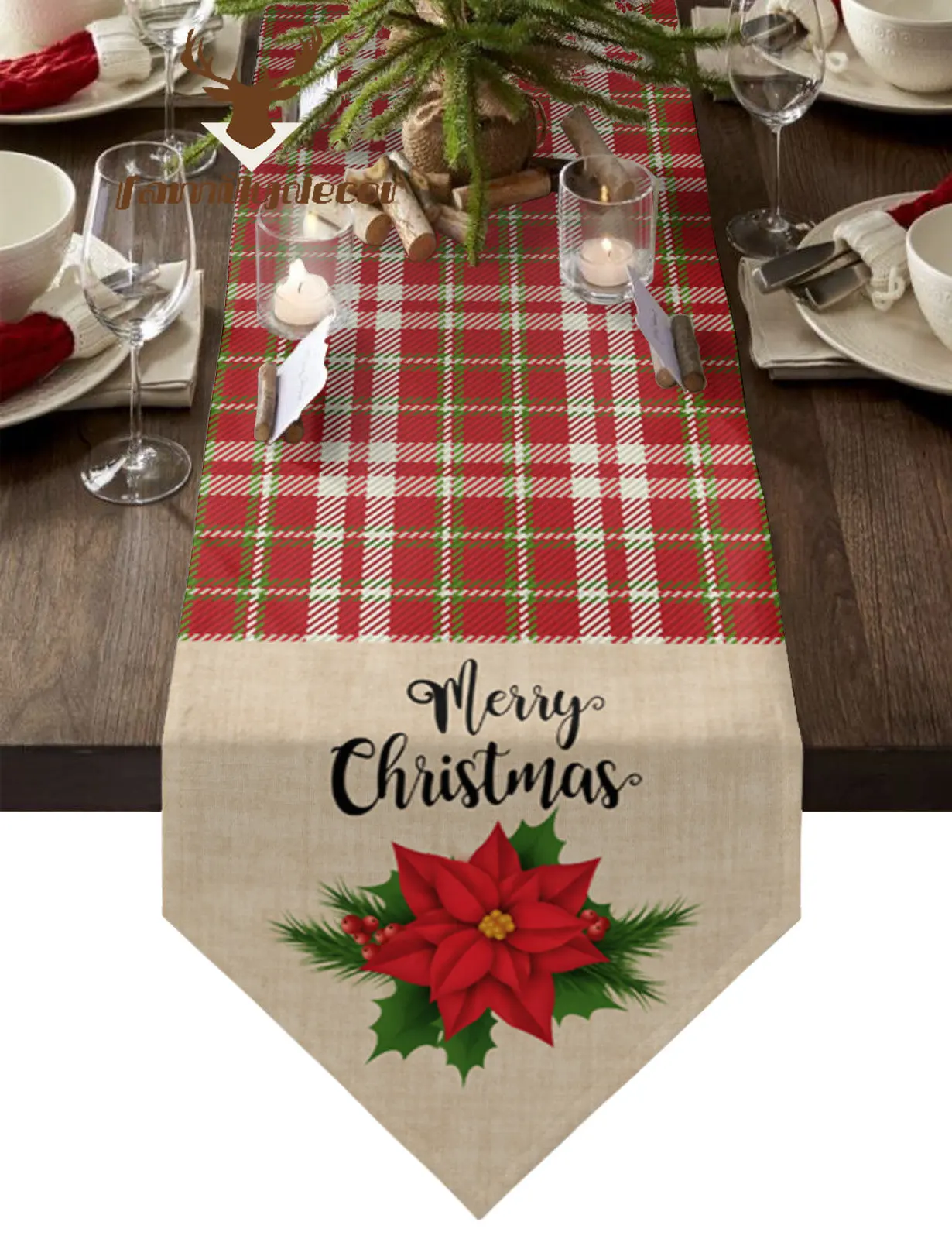 Christmas Poinsettia Red Plaid Table Runner Country Wedding Decoration Tablecloth Home Hotel Party Kitchen Dining Table Mats