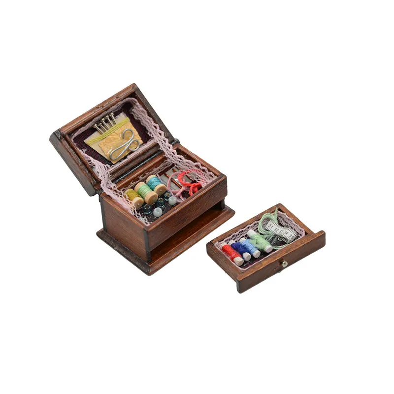 Hot Sale 1:12 Dollhouse Miniature Vintage Sewing Needlework Needle Kit Box Sewing Machine For Doll House Decor Toys