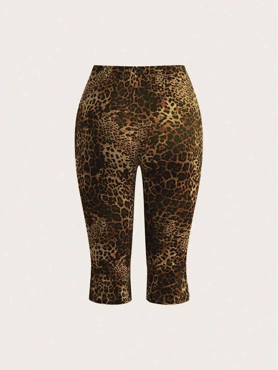 Sweetra Women's Brown Leopard Print Cropped Skinny Leggings,Seductive Summer Casual Comfortable Breathable Gym Animal Pattern