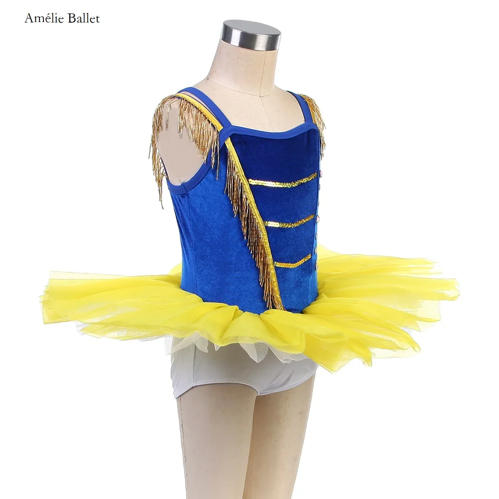 19839 ガールズバレエステージパフォーマンスダンススカート ロイヤルブルーベルベット ゴールドトリム付き イエローチュールダンスドレス