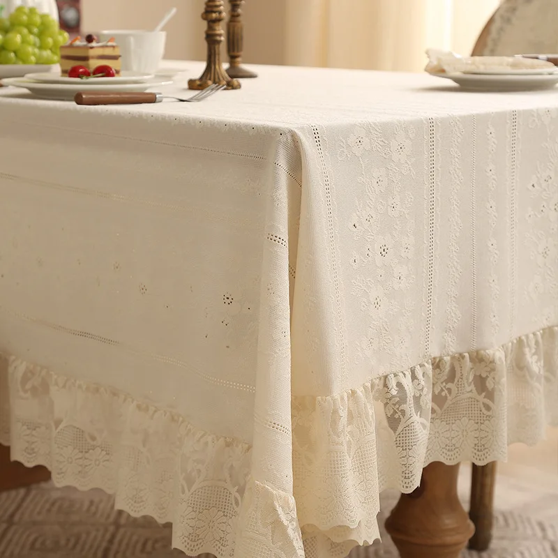 New French White Lace Rectangle Tablecloth Vintage Ruffled Tablecloth Wedding Banquet Decoration Home Garden Party Decor