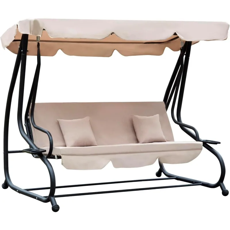 3-Seat Outdoor Patio Swing Chair, Converting Flatbed, Outdoor Swing Glider with Adjustable Canopy, Removable Cushion and Pillows