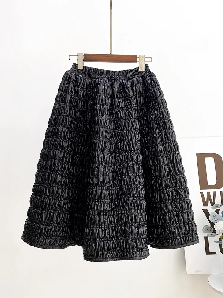 Vintage Women Designer Elastic Waist Sheepskin Genuine Leather Skirt Elegant Ladies Knee Length Pleated Skirt Winter Warm Padded