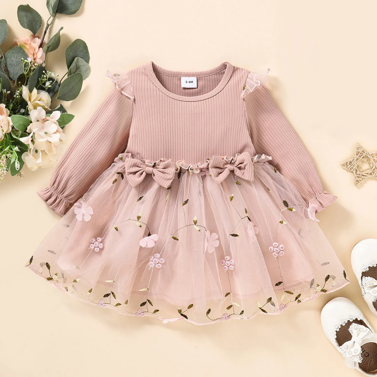 Kid Baby Girls Birthday Party Princess Dress Scoop Neck Long Sleeve Ribbed Knitted Flower Mesh Tulle Dresses for Banquet Wedding