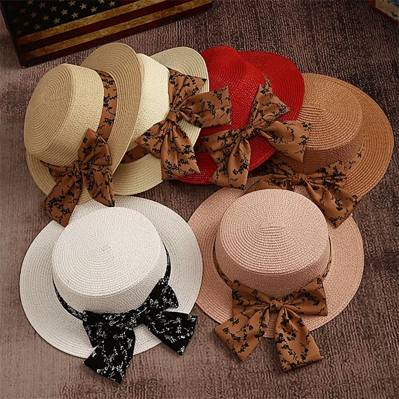 Flat Top Small Floral Scarf Straw Hat Summer Lady Temperament Billycock Fashion And Trendy Style Socialite Straw Hat