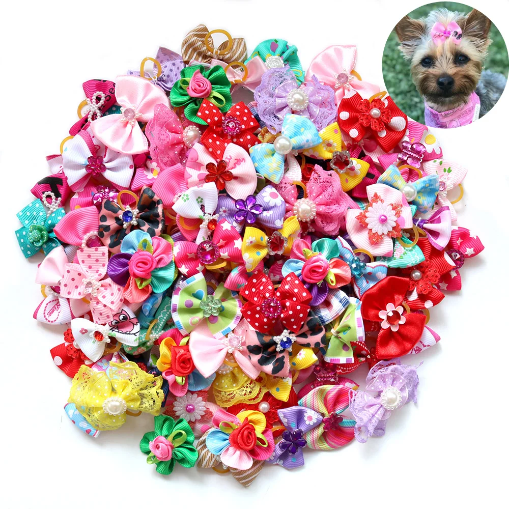 100X Handmade Nice Pet Dog Hair Bows for Puppy Small Dogs Grooming Bows Dog Hair Accessories Pet Supplies for Dogs Wedding Party