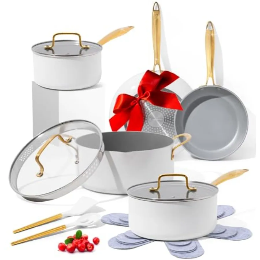 

Белые и золотые кастрюли и сковороды, набор из 15 предметов для домашней кухни, приготовления пищи, посуда премиум-класса с антипригарным покрытием и нетоксичным покрытием PFO
