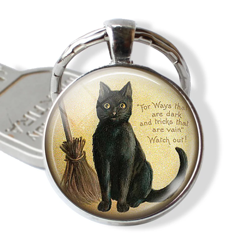 Llavero con cita de gato negro para amantes, llavero de gato con escoba, bruja de cristal, joyería de gatito Vintage, llavero de cabujón de gato negro